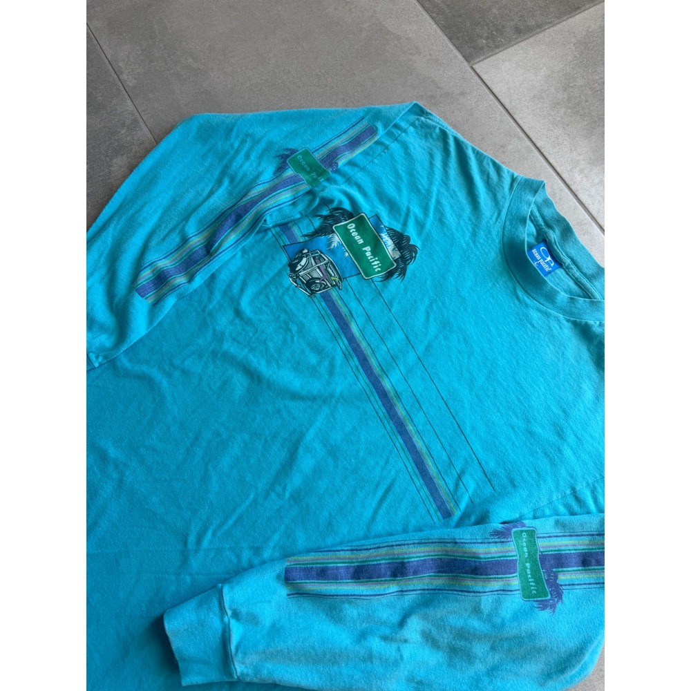 Vintage 90s Ocean Pacific Long Sleeve Graphic T-Shirt Blue Mens Fits Like Medium - Picture 2 of 7